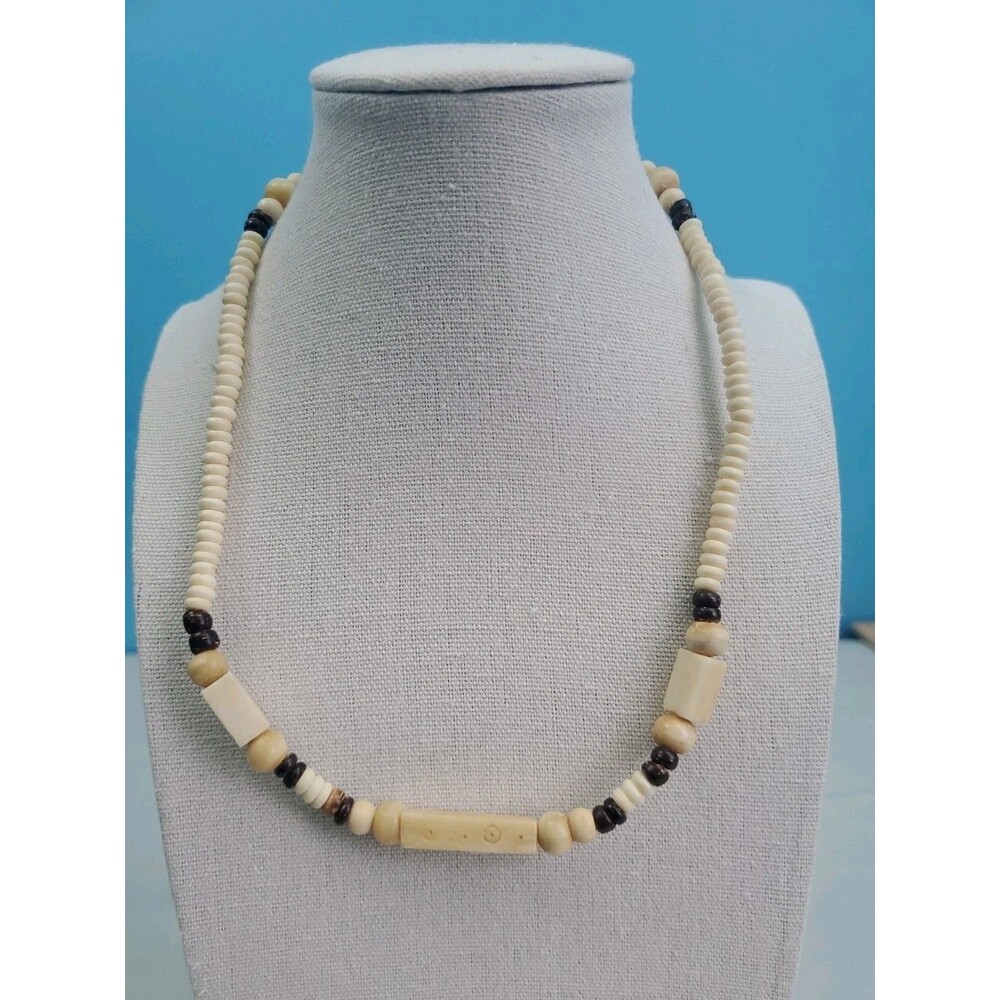 Wooden Round Heishi Beaded  Surfer Necklace Choker Tribal Boho Ethnic Cream